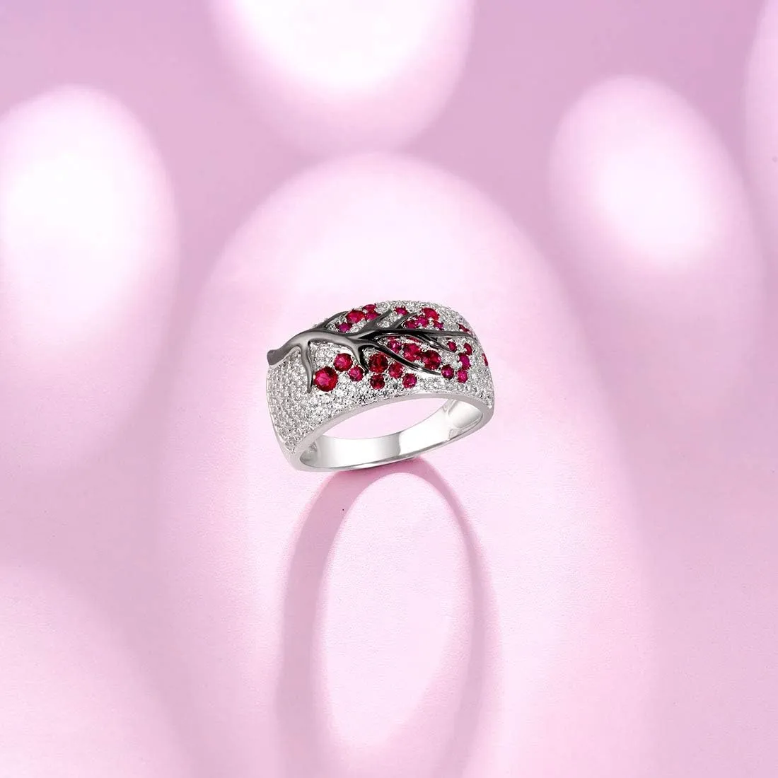 Santuzza 925 Sterling Silver Cherry Ring Cubic Zirconia Tree Branches Ring for Women