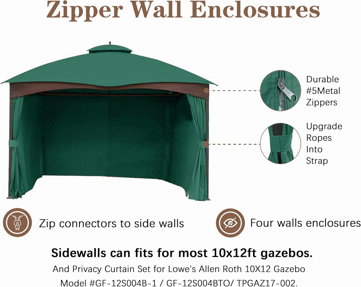 SCOCANOPY Forest Green 10' x 12' Gazebo Privacy Curtain Set Fit for Lowe's Allen Roth 10X12 Gazebo Model #GF-12S004B-1 / GF-12S004BTO/ TPGAZ17-002/TPGAZ2303