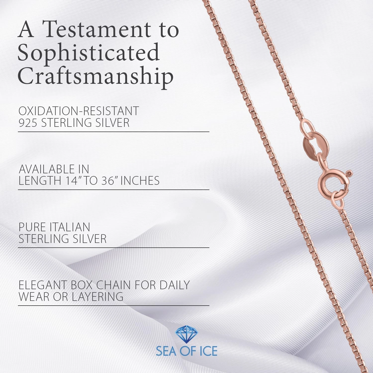 SEA OF ICE Chain Necklace 925 Sterling Silver with Ring Clasp Closure, Italian Box Necklace Chain Necklace for Women & Men, Available in Gold, Rose Gold, Silver, and Black Rhodium, Multisize