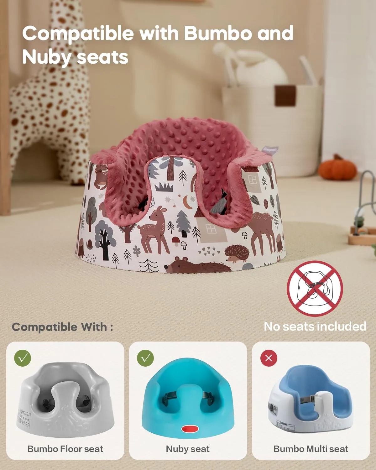Seat Cover Compatible with Bumbo Floor Seat Only, w/Pacifier Clips & Safe Teething Toys,Breathable Baby Bumbo Seat Cover,Soft Bumbo Floor Seat Cover for Baby Girl Boy, Excluding Pacifier(Red)