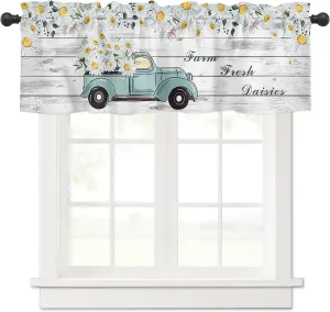 Set of 2 Spring Daisy Flower Valances for Kitchen Windows, Farm Truck Curtains & Drapes Rod Pocket, Country Retro Wood Board Window Treatment Drapes for Living Room Curtain Over Sink 54x18in,2 Panel