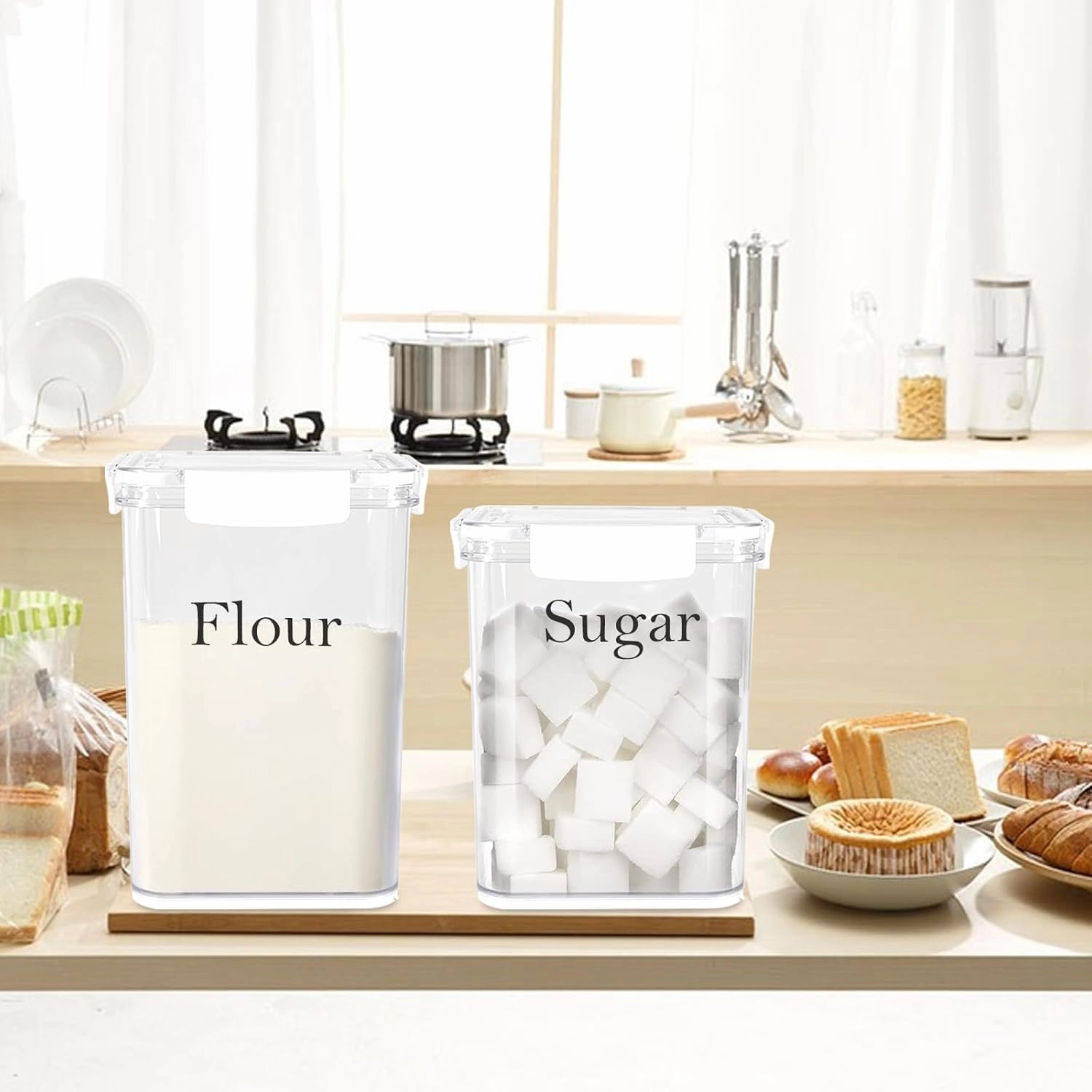 Set of 2 Large Food Storage Jars 4L - Airtight Containers with Lids, White with Free Spoon-Kitchen Canisters for Sugar,Flour,Coffee,Pantry Organization(5L&4L)