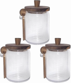 Set of 3 Glass Jars Containers with Wooden Lids and Scoop Clear Canister Jars Set with Spoon for Kitchen Food Storage Coffee Tea Sugar Decorative Countertop Organization Jars 31 oz (3)