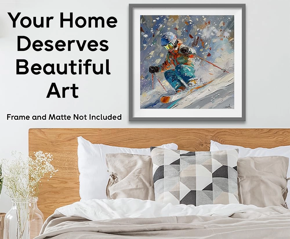 Shred Ski Art Abstract Painting 48x48 Extra Large Canvas Poster – Skiing Action Winter Sports Print, Dynamic Artistic Artwork for Cabin, Resort, Lodge, Home, Outdoor Adventure & High-Speed Skiing