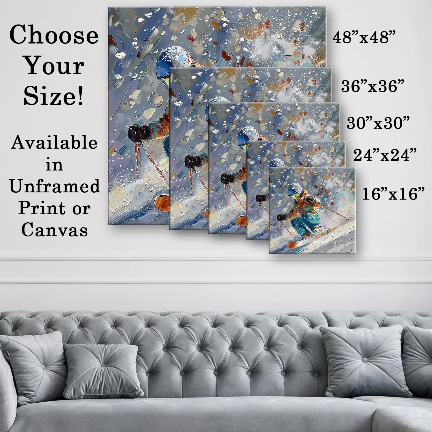 Shred Ski Art Abstract Painting 48x48 Extra Large Canvas Poster – Skiing Action Winter Sports Print, Dynamic Artistic Artwork for Cabin, Resort, Lodge, Home, Outdoor Adventure & High-Speed Skiing