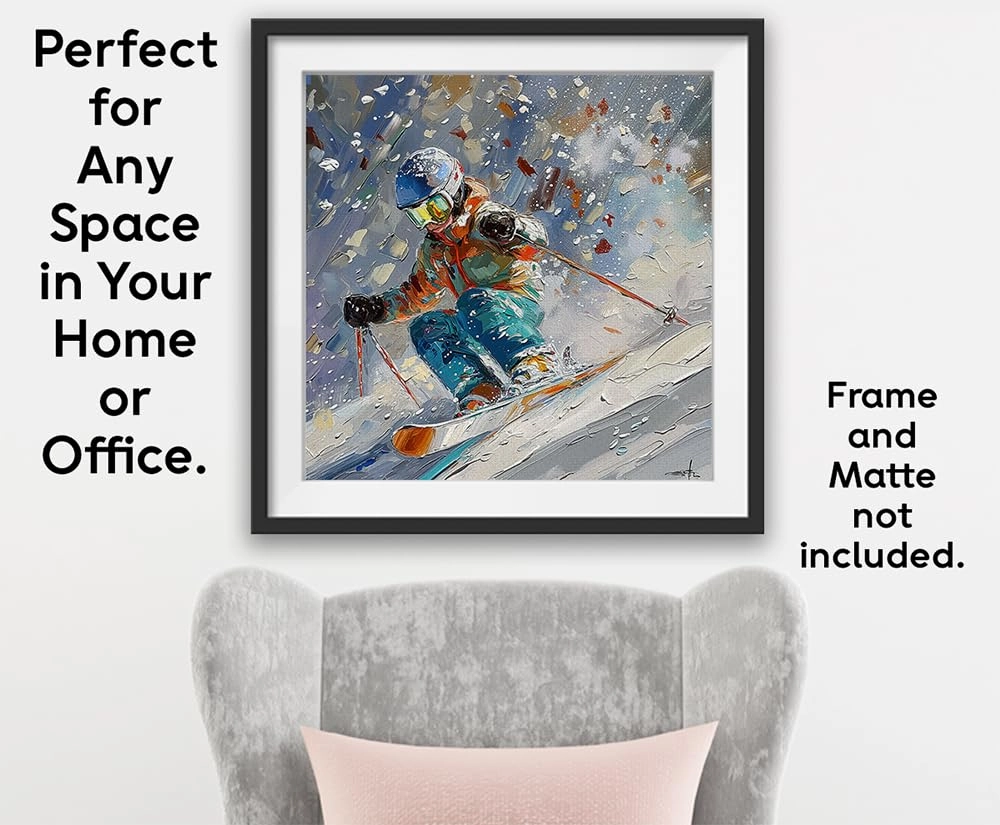 Shred Ski Art Abstract Painting 48x48 Extra Large Canvas Poster – Skiing Action Winter Sports Print, Dynamic Artistic Artwork for Cabin, Resort, Lodge, Home, Outdoor Adventure & High-Speed Skiing