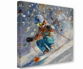 Shred Ski Art Abstract Painting 48x48 Extra Large Canvas Poster – Skiing Action Winter Sports Print, Dynamic Artistic Artwork for Cabin, Resort, Lodge, Home, Outdoor Adventure & High-Speed Skiing