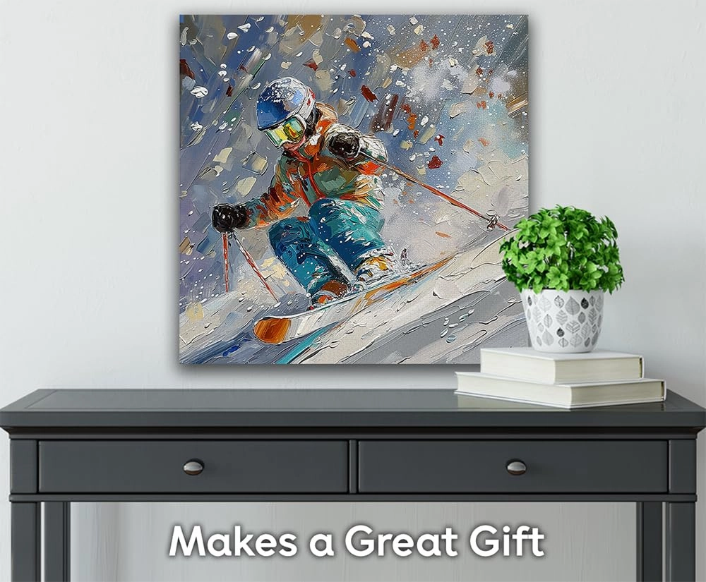 Shred Ski Art Abstract Painting 48x48 Extra Large Canvas Poster – Skiing Action Winter Sports Print, Dynamic Artistic Artwork for Cabin, Resort, Lodge, Home, Outdoor Adventure & High-Speed Skiing