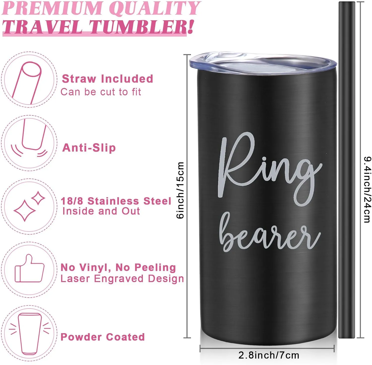Sieral 2 Pcs 16 oz Flower Ring Bearer Tumbler Cup Stainless Steel Cup with Straw Water Bottle Gift Idea for Wedding Party(Black, White)