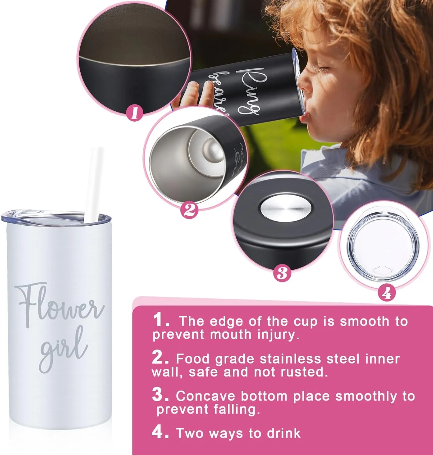 Sieral 2 Pcs 16 oz Flower Ring Bearer Tumbler Cup Stainless Steel Cup with Straw Water Bottle Gift Idea for Wedding Party(Black, White)
