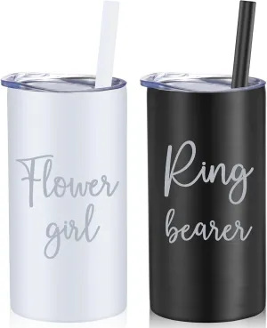 Sieral 2 Pcs 16 oz Flower Ring Bearer Tumbler Cup Stainless Steel Cup with Straw Water Bottle Gift Idea for Wedding Party(Black, White)