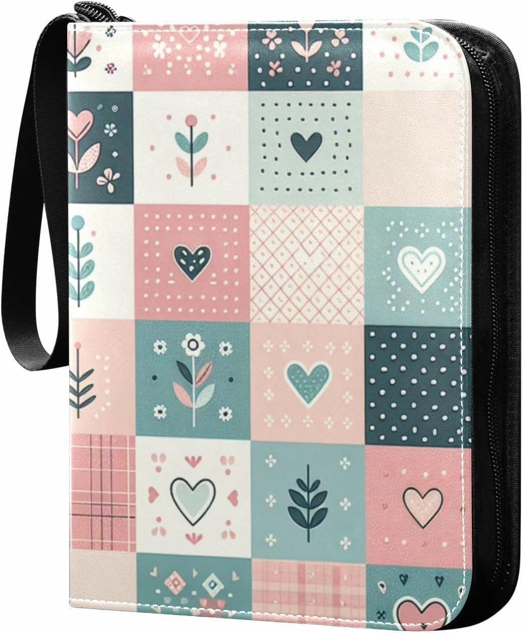 Simple Floral Checkered Card Binder 4-Pockets, 400 Pockets Card Holder with 50 Removable Sleeves, Trading Card Collector Zipper Album Holder, Collector Album
