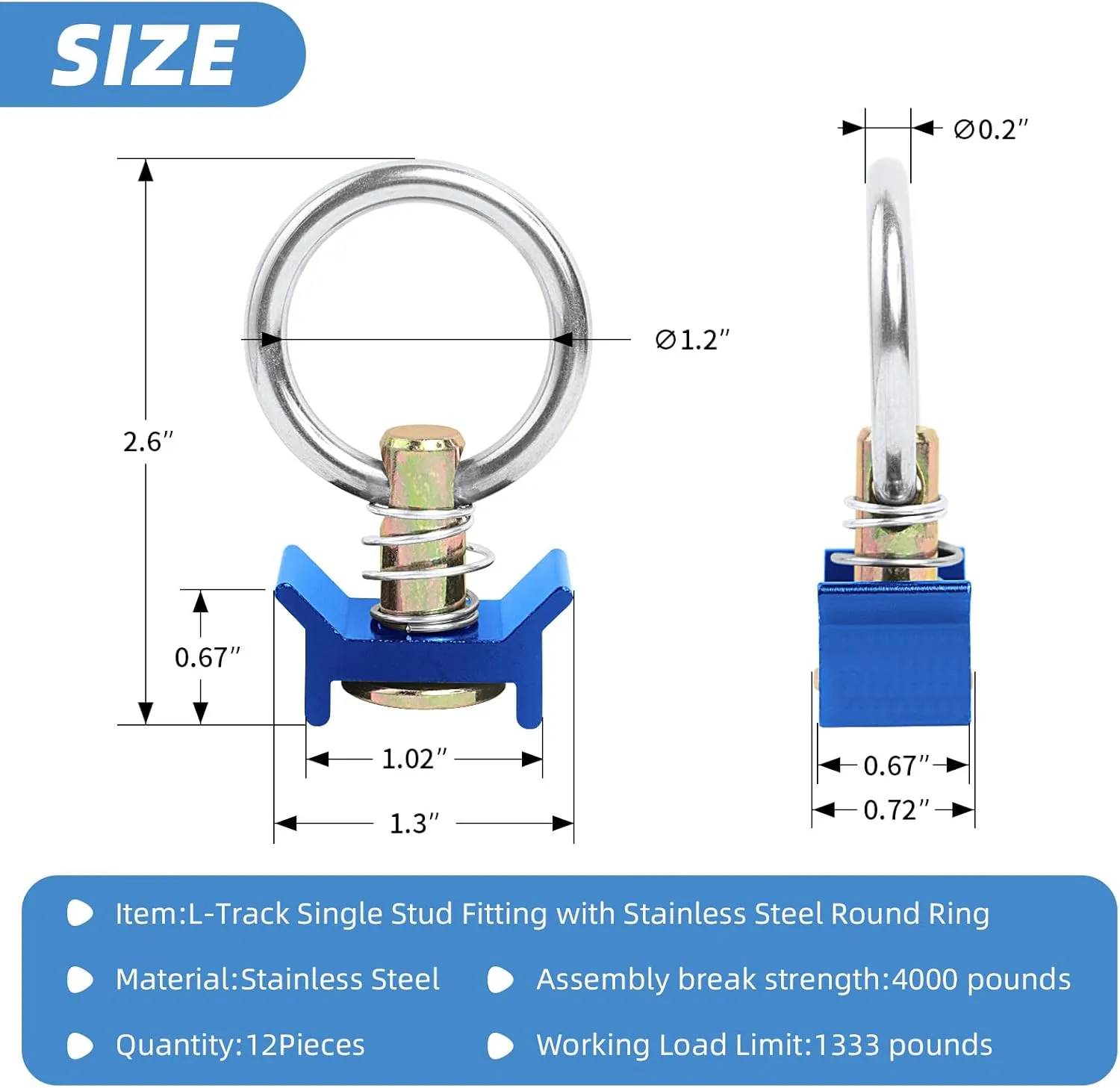 Single Stud Fitting L Track 4,000LB Capacity with Stainless Steel Round Ring Aluminum Keeper Cargo Control, Pack of 12, Blue