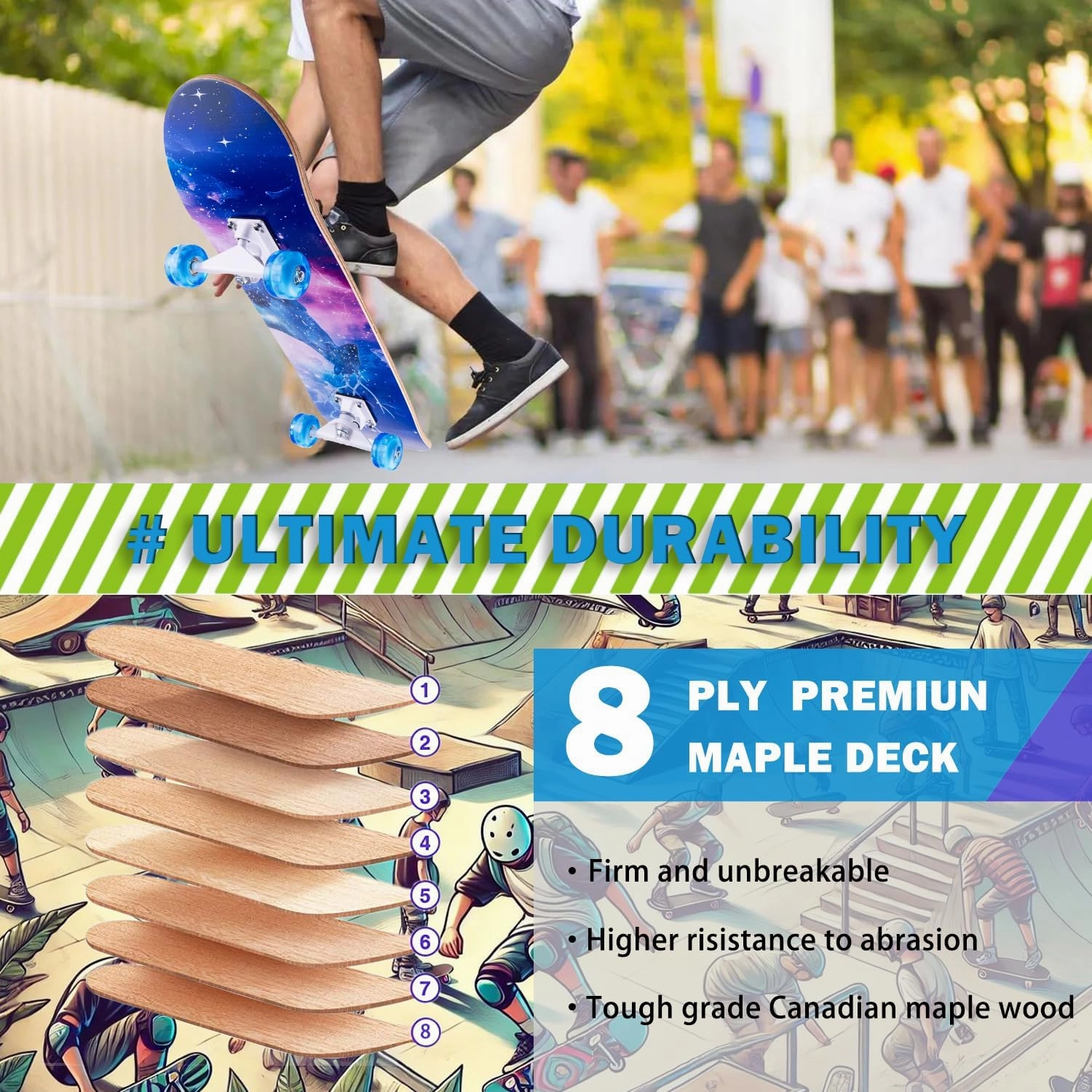 Skateboard,31 x 8 inch Complete Skateboards for Beginners,8 Layer Maple Concave Cruiser Trick Skate Board for Kids,Teens,Adults