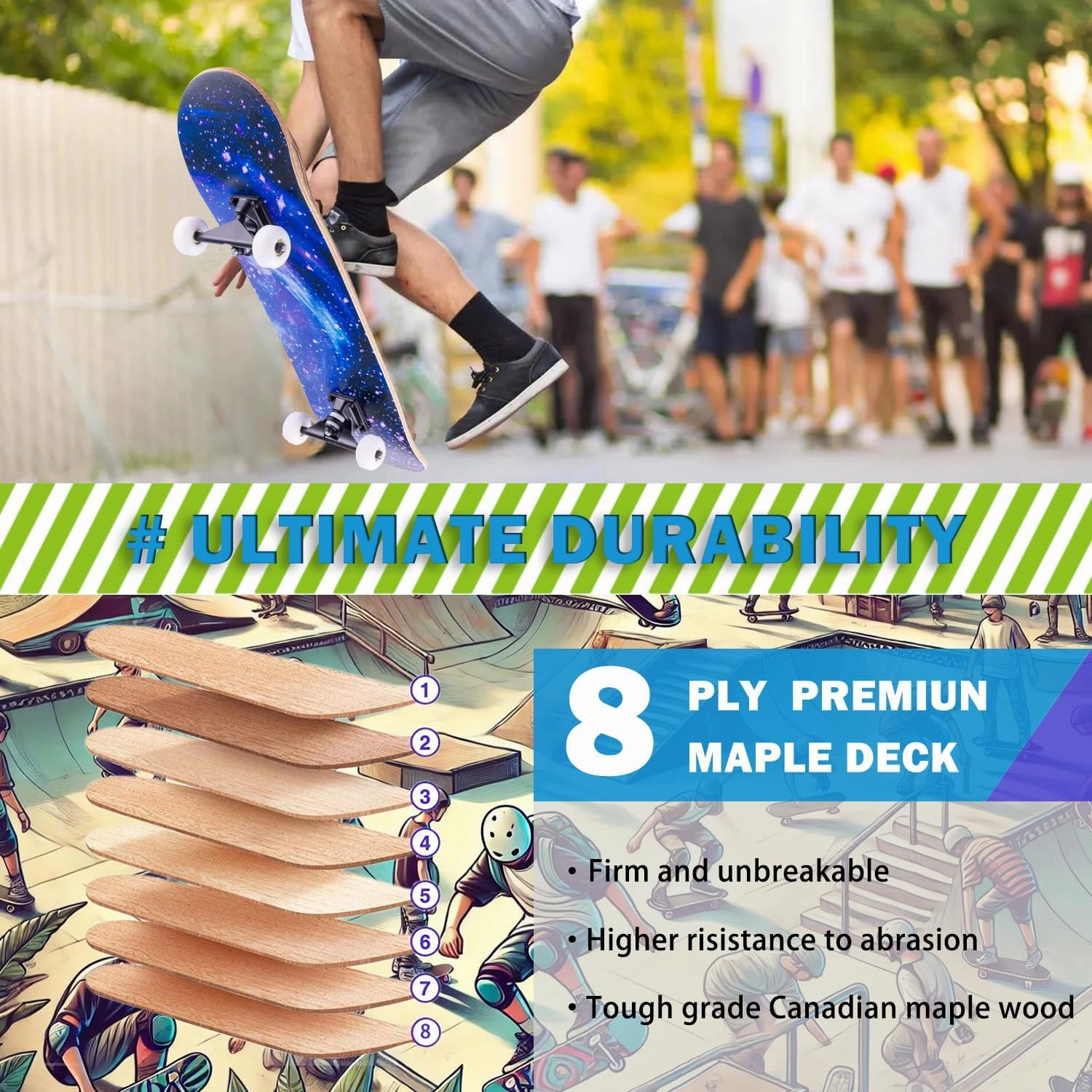 Skateboard,31 x 8 inch Complete Skateboards for Beginners,8 Layer Maple Concave Cruiser Trick Skate Board for Kids,Teens,Adults