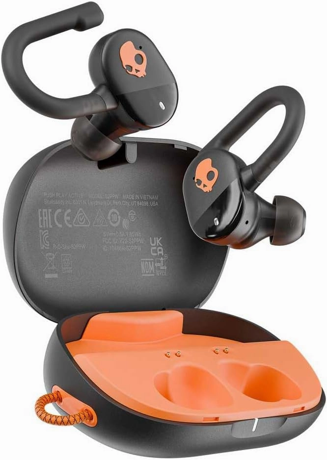 Skullcandy Push Play Active Wireless Earbuds, Bluetooth Headphones, Noise Isolating, 34 Hrs Battery, Secure-Fit Over-Ear Hanger, Sweat Water Resistant, Microphone for iPhone Android - Black/Orange​