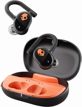 Skullcandy Push Play Active Wireless Earbuds, Bluetooth Headphones, Noise Isolating, 34 Hrs Battery, Secure-Fit Over-Ear Hanger, Sweat Water Resistant, Microphone for iPhone Android - Black/Orange​