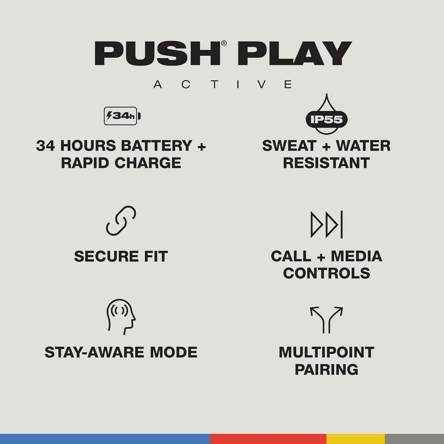 Skullcandy Push Play Active Wireless Earbuds, Bluetooth Headphones, Noise Isolating, 34 Hrs Battery, Secure-Fit Over-Ear Hanger, Sweat Water Resistant, Microphone for iPhone Android - Black/Orange​