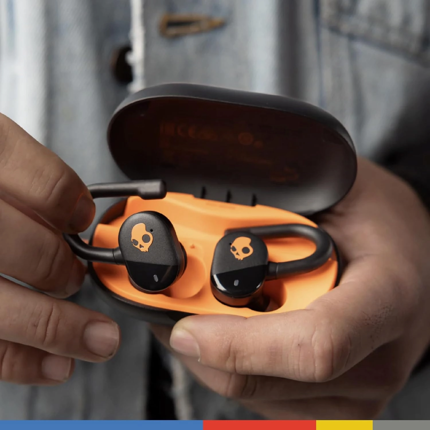 Skullcandy Push Play Active Wireless Earbuds, Bluetooth Headphones, Noise Isolating, 34 Hrs Battery, Secure-Fit Over-Ear Hanger, Sweat Water Resistant, Microphone for iPhone Android - Black/Orange​