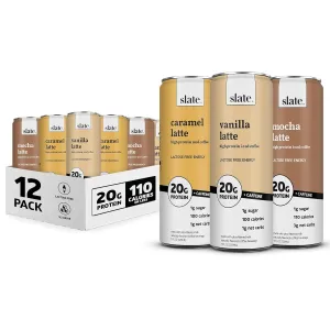 Slate Milk - High Protein Iced Coffee - Energy Variety Pack - Caramel Latte, Mocha Latte, Vanilla Latte - 175mg Caffeine, Lactose Free - 20g Protein, 1g Sugar - Protein Coffee - 11 fl oz, 12 Cans