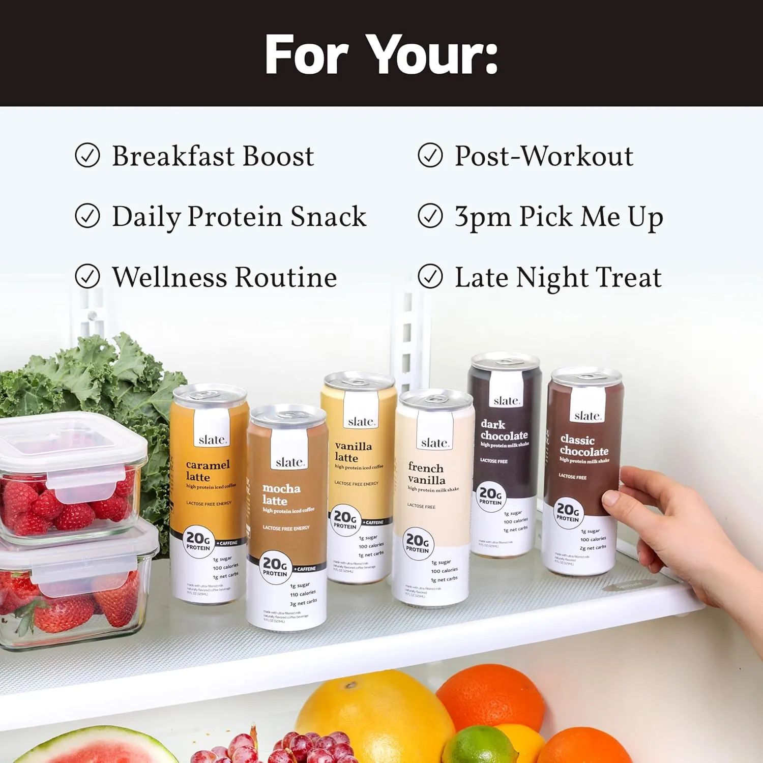Slate Milk - High Protein Iced Coffee - Energy Variety Pack - Caramel Latte, Mocha Latte, Vanilla Latte - 175mg Caffeine, Lactose Free - 20g Protein, 1g Sugar - Protein Coffee - 11 fl oz, 12 Cans