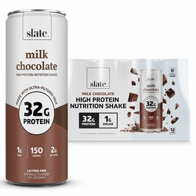 Slate Milk - High Protein Nutrition Shake - Milk Chocolate - 32g Protein, 1g Sugar, 150 Calories, 2g Net Carbs - Lactose Free - No Added Sugar - Breakfast Boost, Post Workout - 11 fl oz, 12 Cans