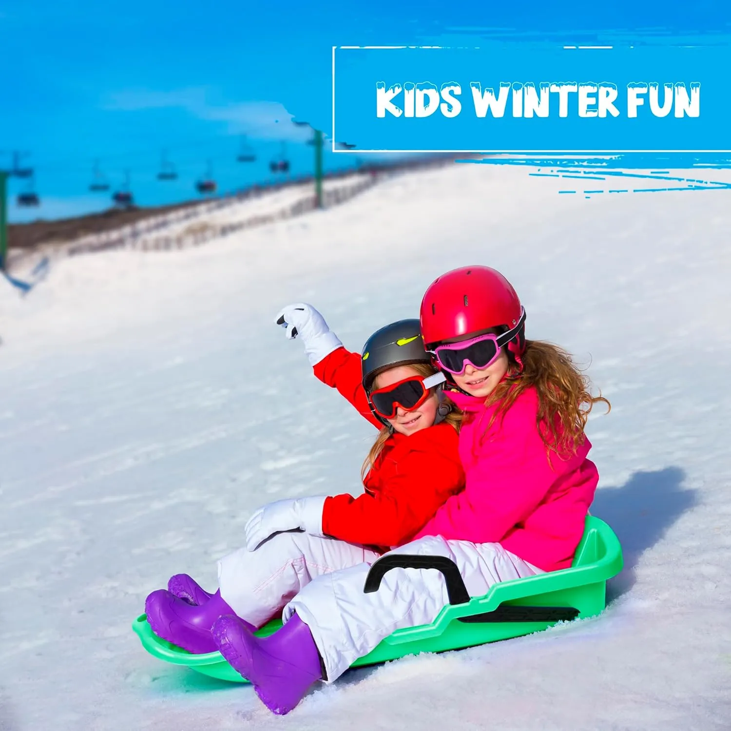 Slippery Racer Downhill Thunder Flexible Kids Toddler Plastic Toboggan Snow Sled with Built in Brake System, Pull Rope, & Handle Grips