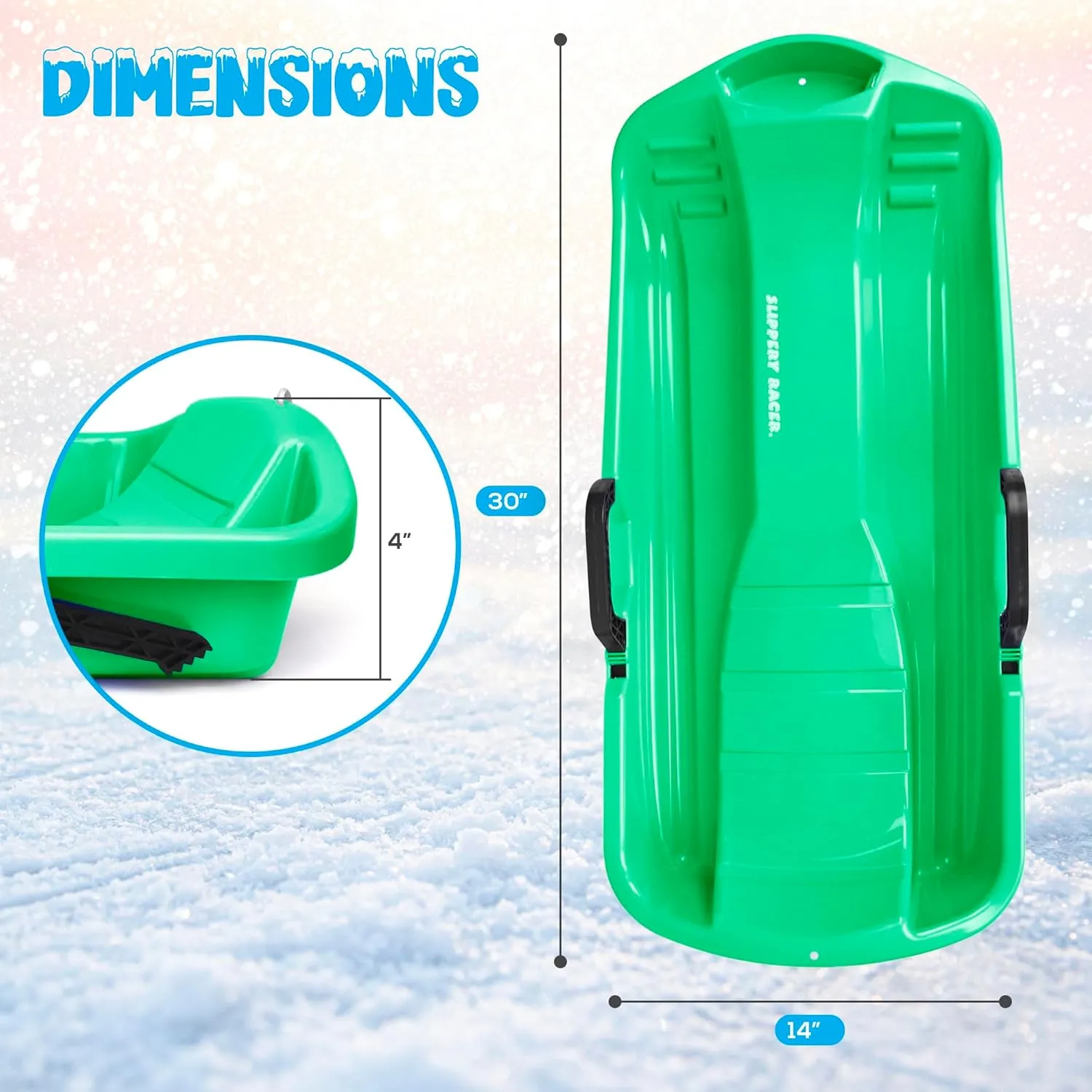 Slippery Racer Downhill Thunder Flexible Kids Toddler Plastic Toboggan Snow Sled with Built in Brake System, Pull Rope, & Handle Grips