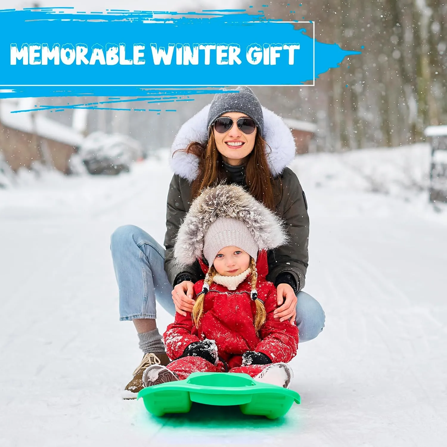 Slippery Racer Downhill Thunder Flexible Kids Toddler Plastic Toboggan Snow Sled with Built in Brake System, Pull Rope, & Handle Grips