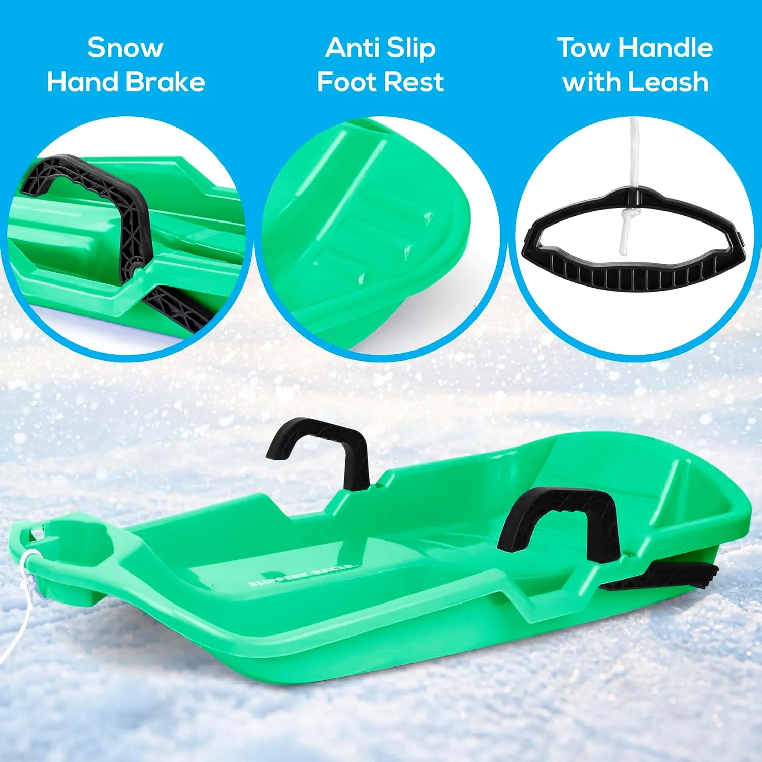 Slippery Racer Downhill Thunder Flexible Kids Toddler Plastic Toboggan Snow Sled with Built in Brake System, Pull Rope, & Handle Grips