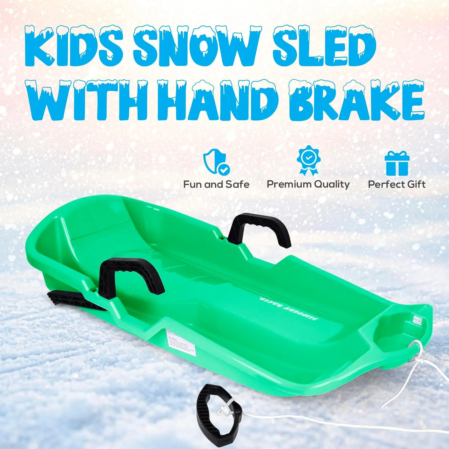 Slippery Racer Downhill Thunder Flexible Kids Toddler Plastic Toboggan Snow Sled with Built in Brake System, Pull Rope, & Handle Grips