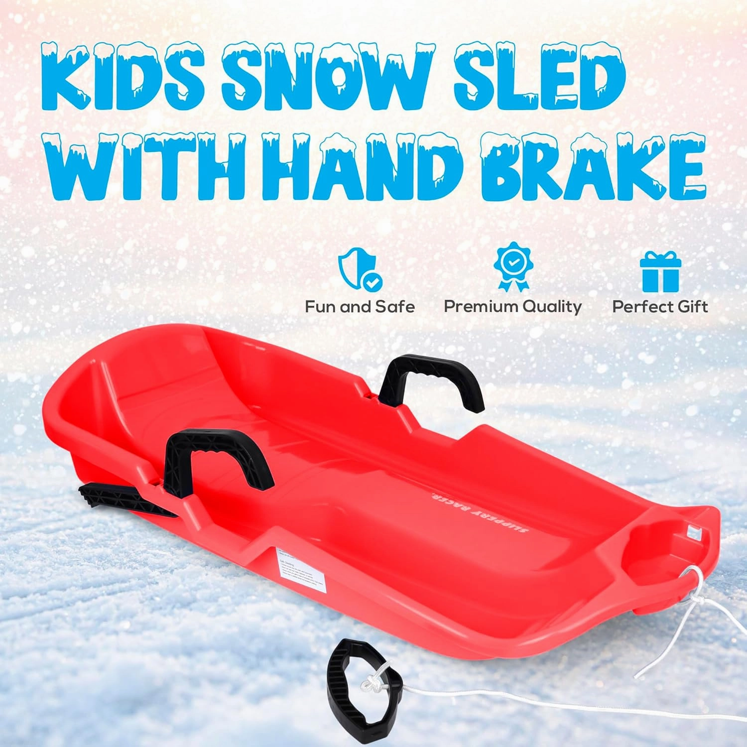 Slippery Racer Downhill Thunder Flexible Kids Toddler Plastic Toboggan Snow Sled with Built in Brake System, Pull Rope, & Handle Grips