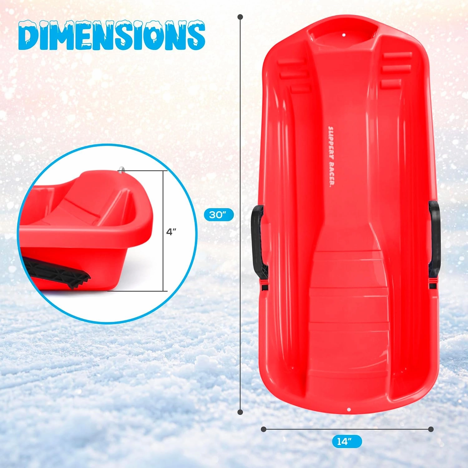Slippery Racer Downhill Thunder Flexible Kids Toddler Plastic Toboggan Snow Sled with Built in Brake System, Pull Rope, & Handle Grips