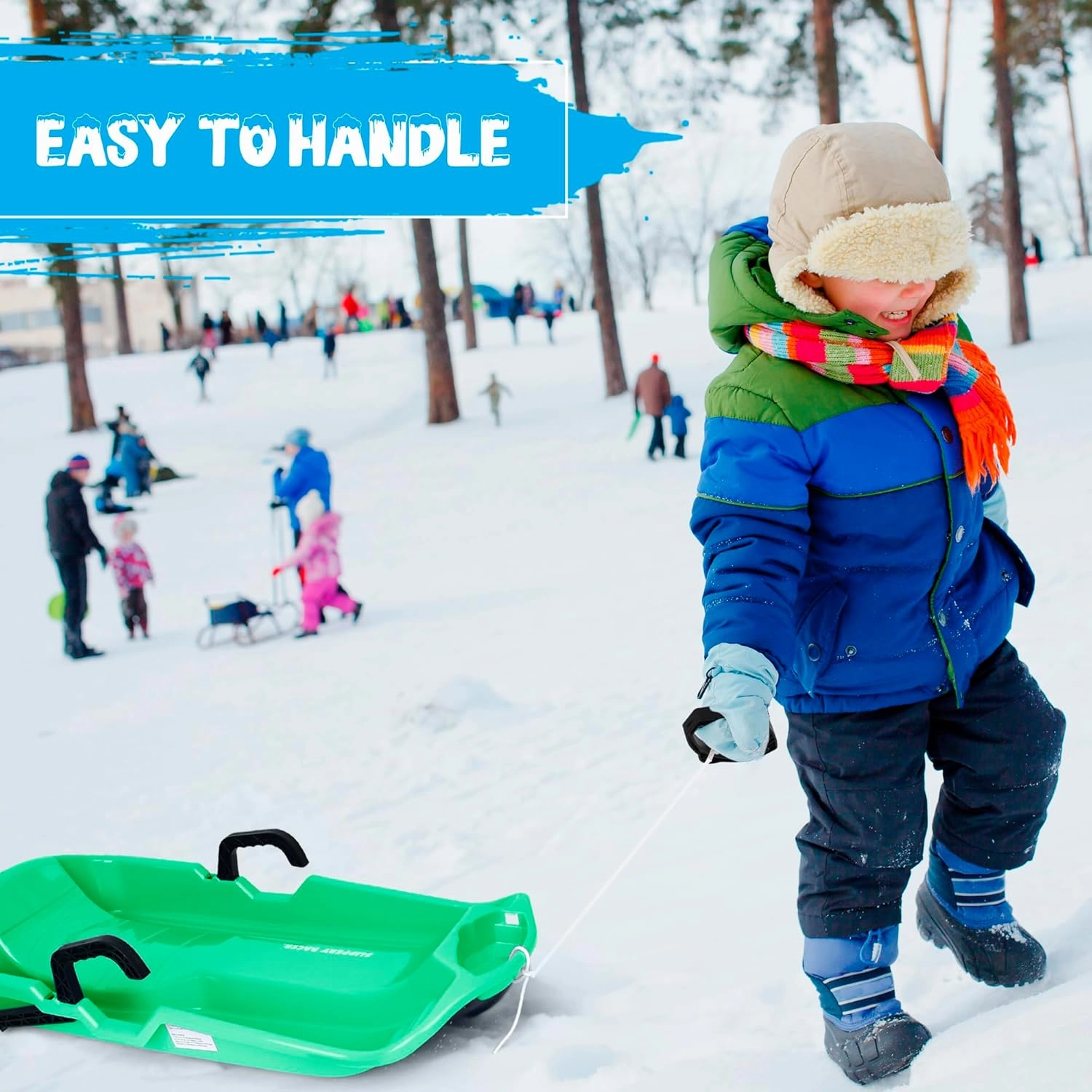 Slippery Racer Downhill Thunder Flexible Kids Toddler Plastic Toboggan Snow Sled with Built in Brake System, Pull Rope, & Handle Grips