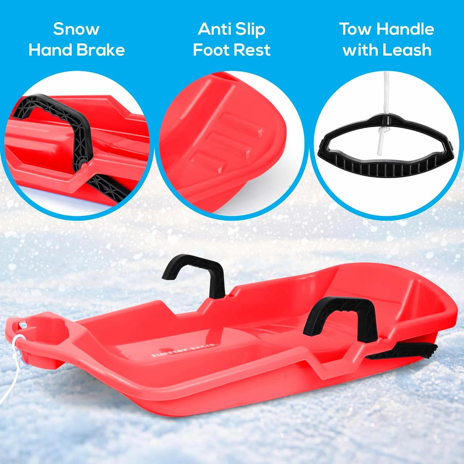 Slippery Racer Downhill Thunder Flexible Kids Toddler Plastic Toboggan Snow Sled with Built in Brake System, Pull Rope, & Handle Grips