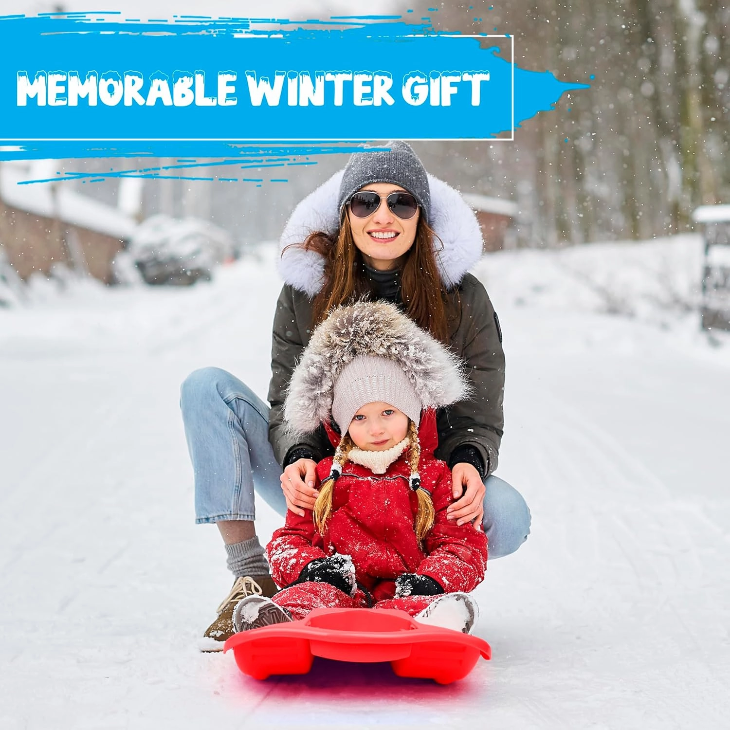 Slippery Racer Downhill Thunder Flexible Kids Toddler Plastic Toboggan Snow Sled with Built in Brake System, Pull Rope, & Handle Grips