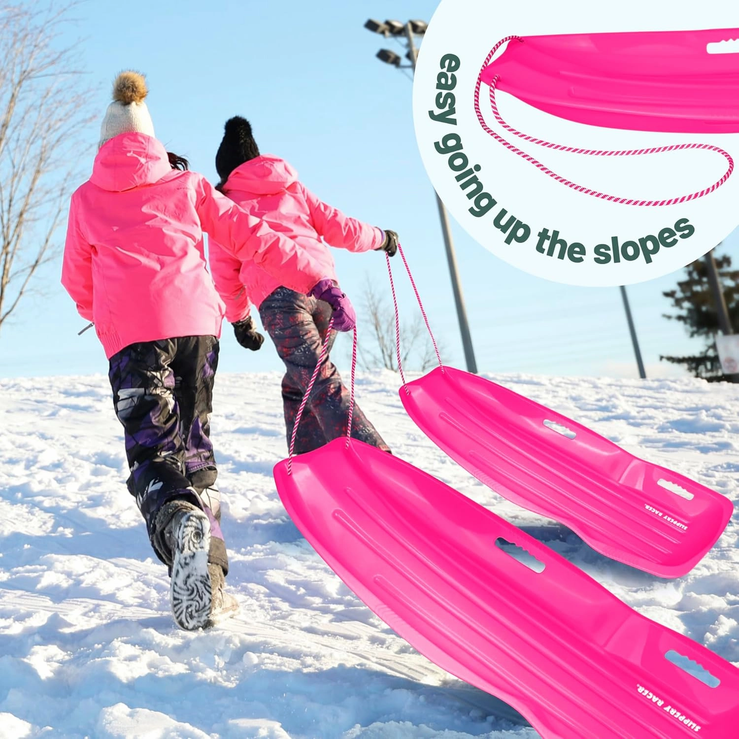Slippery Racer Downhill Xtreme Flexible Adults and Kids Plastic Toboggan Snow Sled for up to 2 Riders with Pull Rope and Handles.