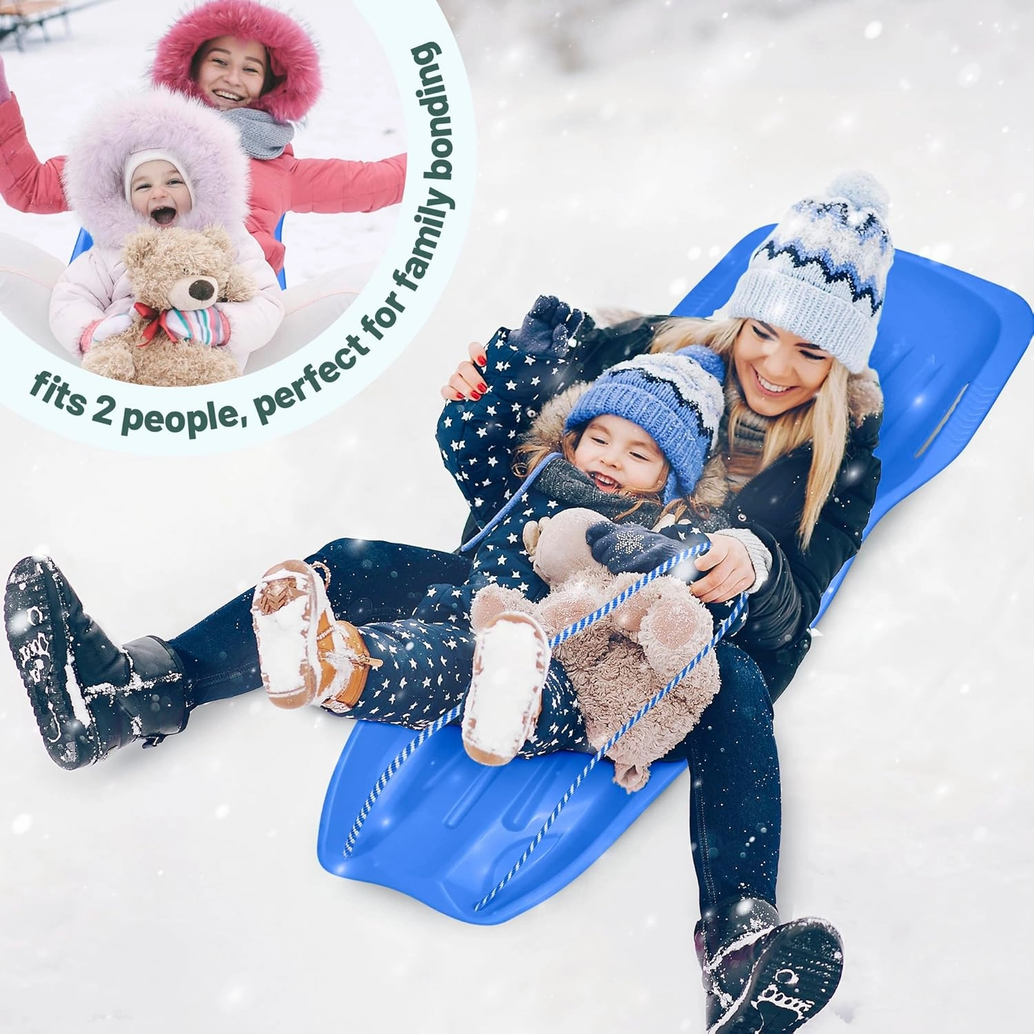 Slippery Racer Downhill Xtreme Flexible Adults and Kids Plastic Toboggan Snow Sled for up to 2 Riders with Pull Rope and Handles.
