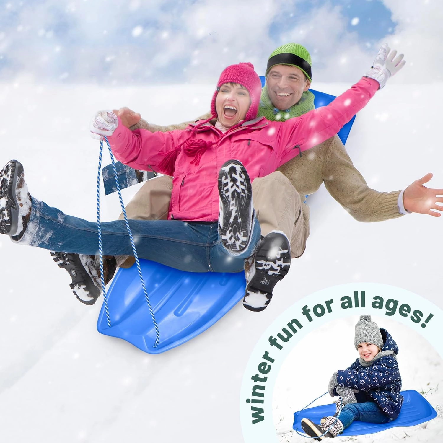 Slippery Racer Downhill Xtreme Flexible Adults and Kids Plastic Toboggan Snow Sled for up to 2 Riders with Pull Rope and Handles.