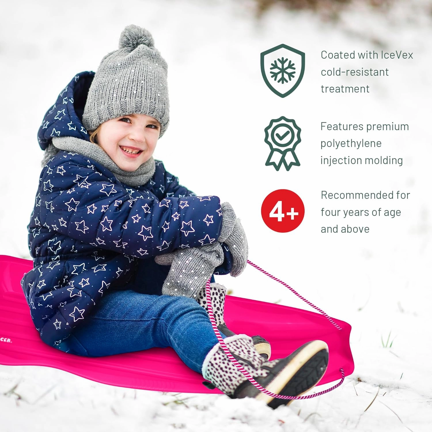 Slippery Racer Downhill Xtreme Flexible Adults and Kids Plastic Toboggan Snow Sled for up to 2 Riders with Pull Rope and Handles.