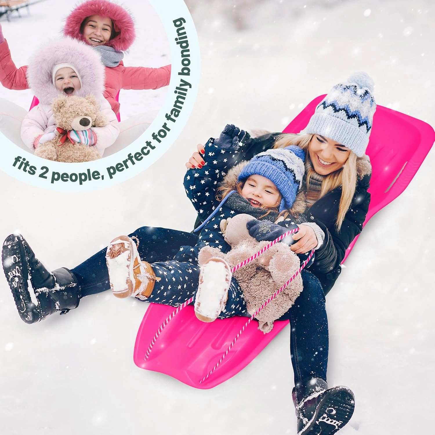 Slippery Racer Downhill Xtreme Flexible Adults and Kids Plastic Toboggan Snow Sled for up to 2 Riders with Pull Rope and Handles.