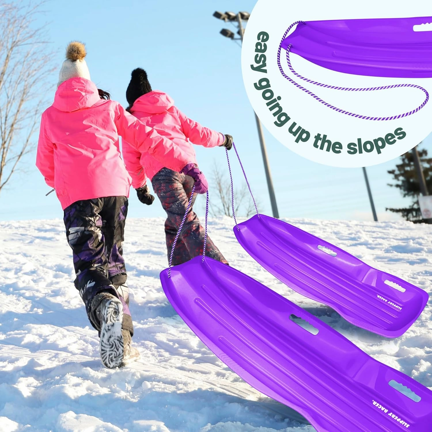 Slippery Racer Downhill Xtreme Flexible Adults and Kids Plastic Toboggan Snow Sled for up to 2 Riders with Pull Rope and Handles.