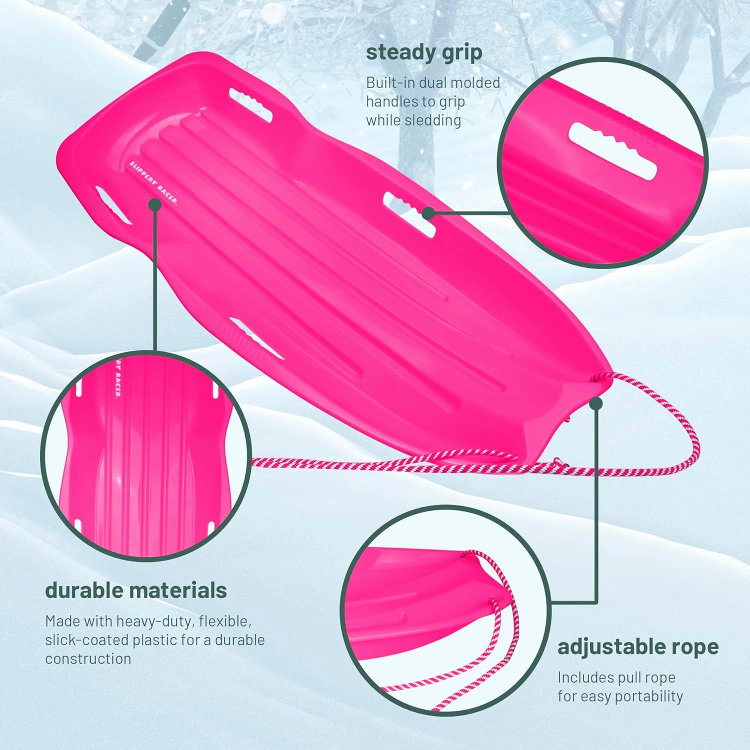 Slippery Racer Downhill Xtreme Flexible Adults and Kids Plastic Toboggan Snow Sled for up to 2 Riders with Pull Rope and Handles.