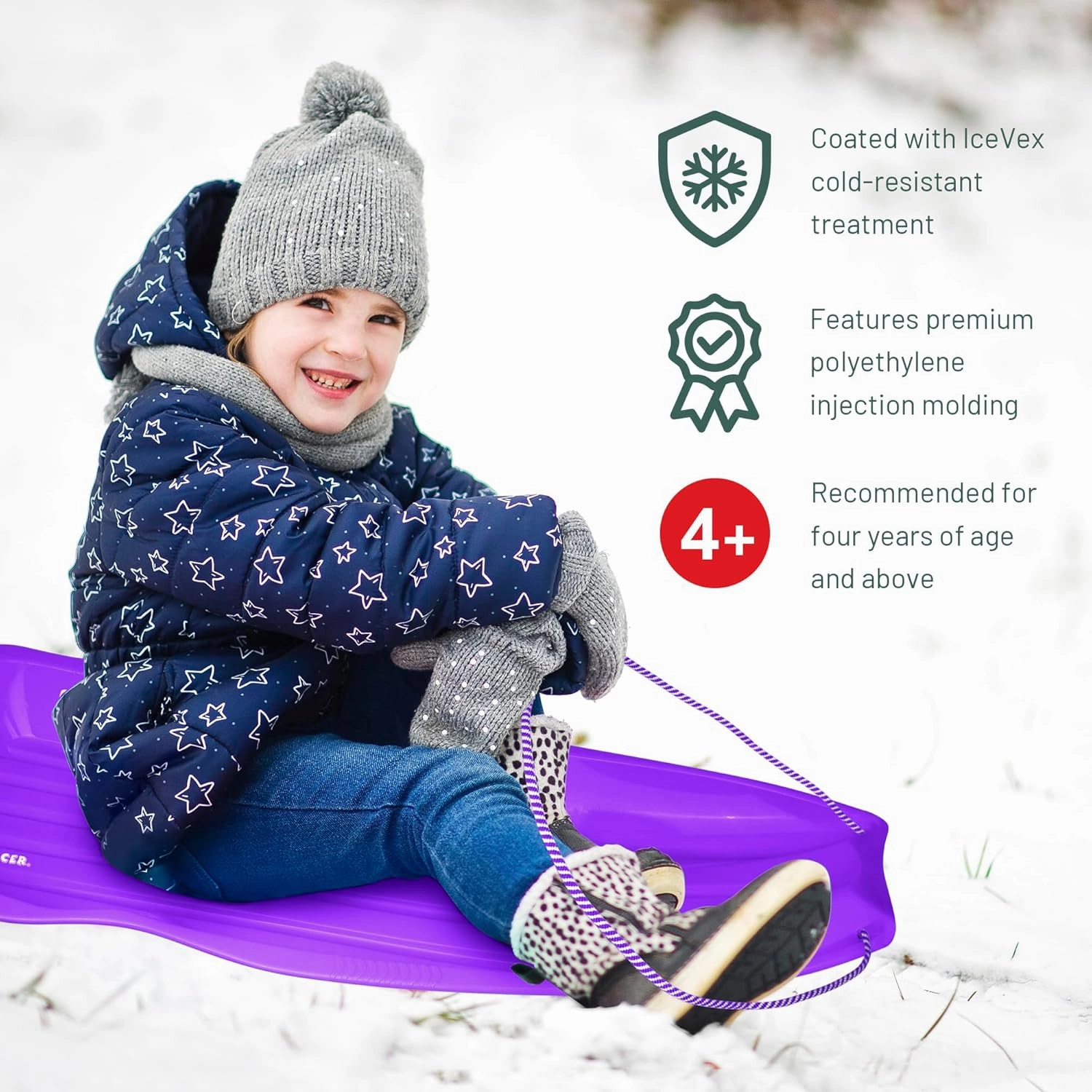 Slippery Racer Downhill Xtreme Flexible Adults and Kids Plastic Toboggan Snow Sled for up to 2 Riders with Pull Rope and Handles.