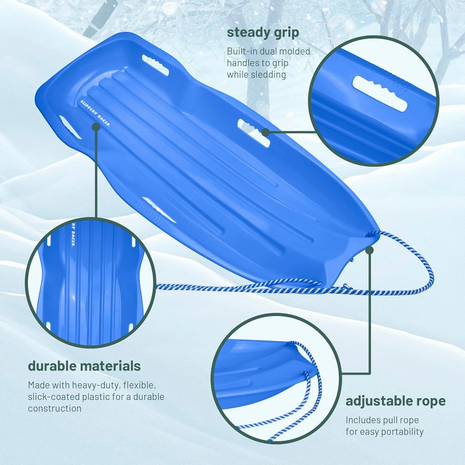 Slippery Racer Downhill Xtreme Flexible Adults and Kids Plastic Toboggan Snow Sled for up to 2 Riders with Pull Rope and Handles.