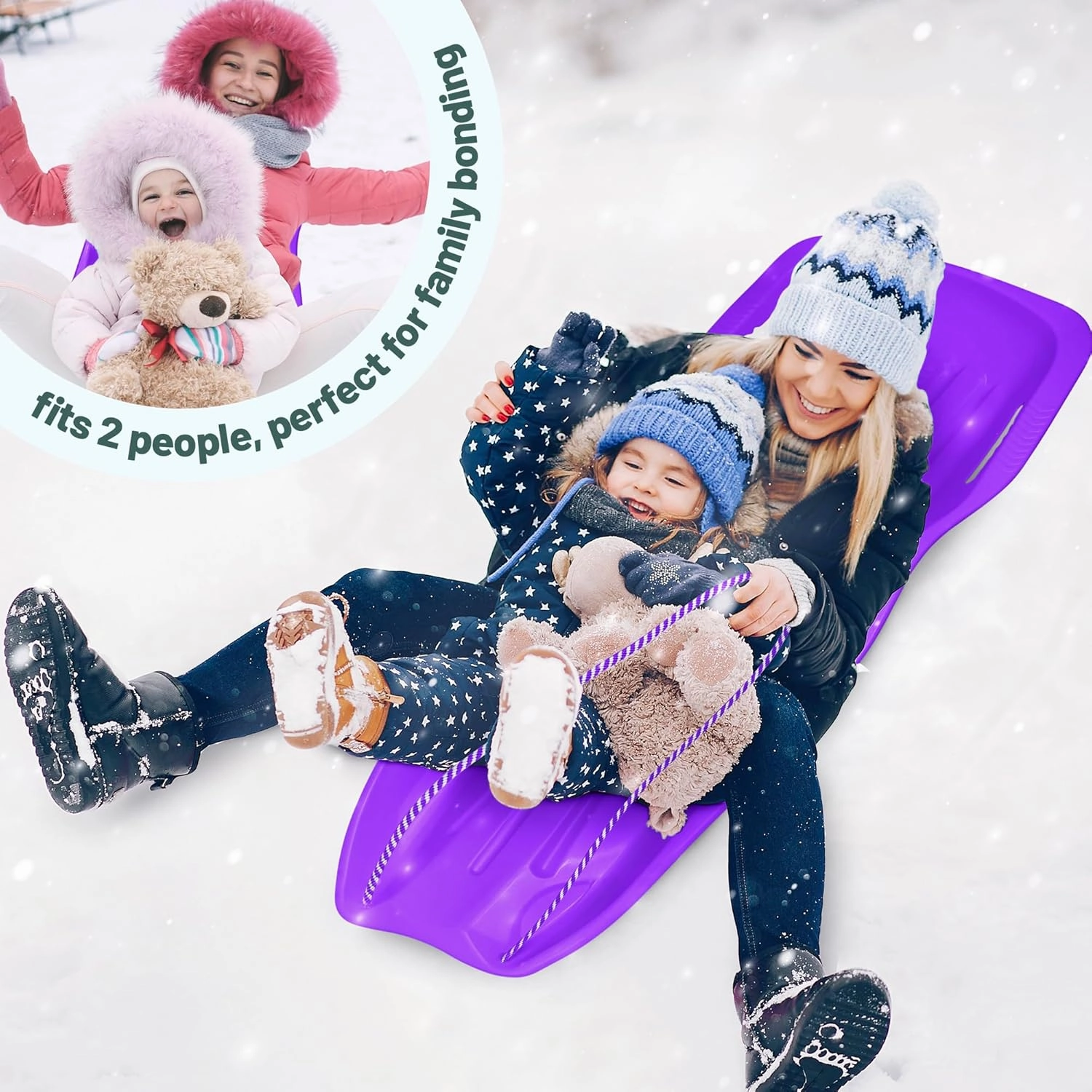 Slippery Racer Downhill Xtreme Flexible Adults and Kids Plastic Toboggan Snow Sled for up to 2 Riders with Pull Rope and Handles.
