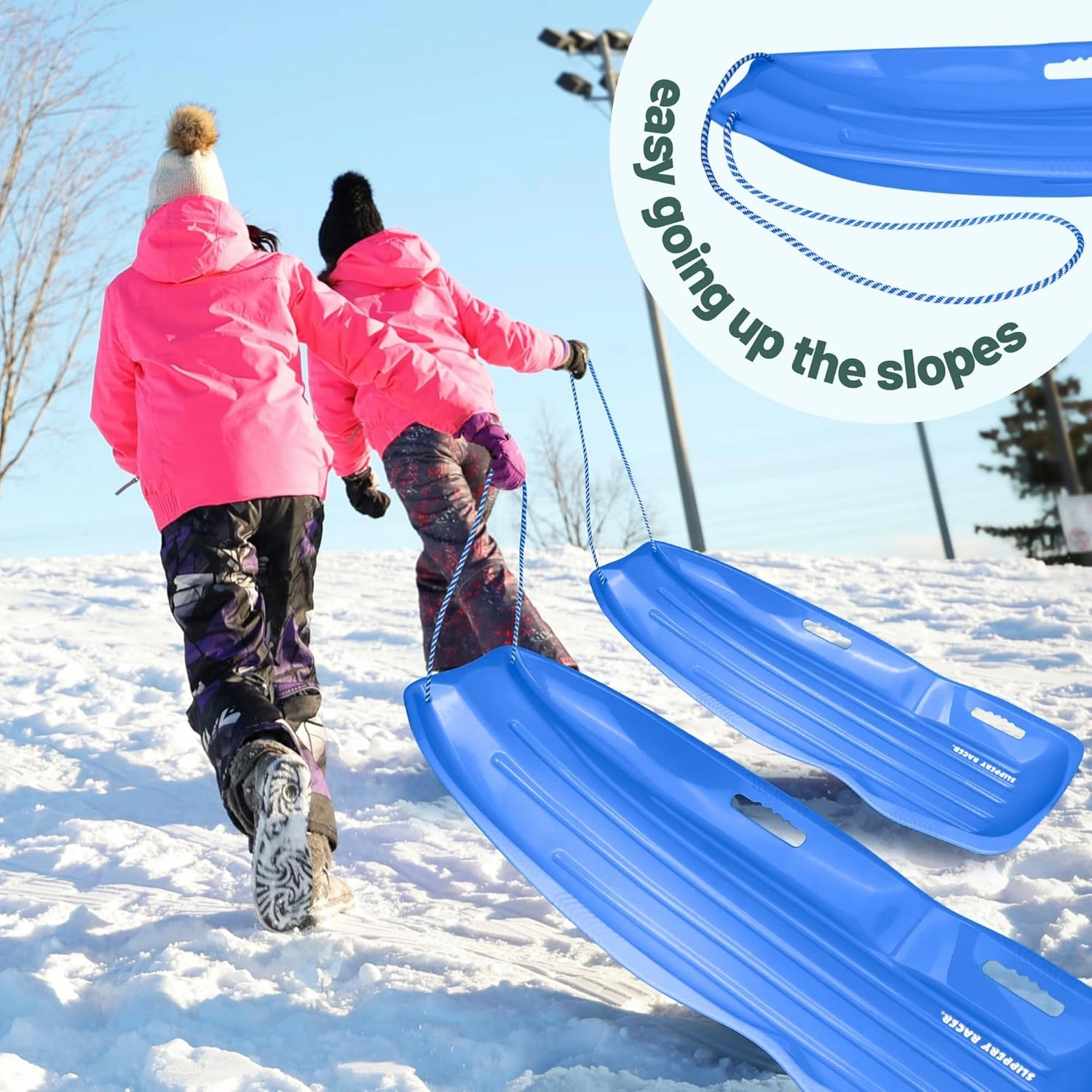 Slippery Racer Downhill Xtreme Flexible Adults and Kids Plastic Toboggan Snow Sled for up to 2 Riders with Pull Rope and Handles.