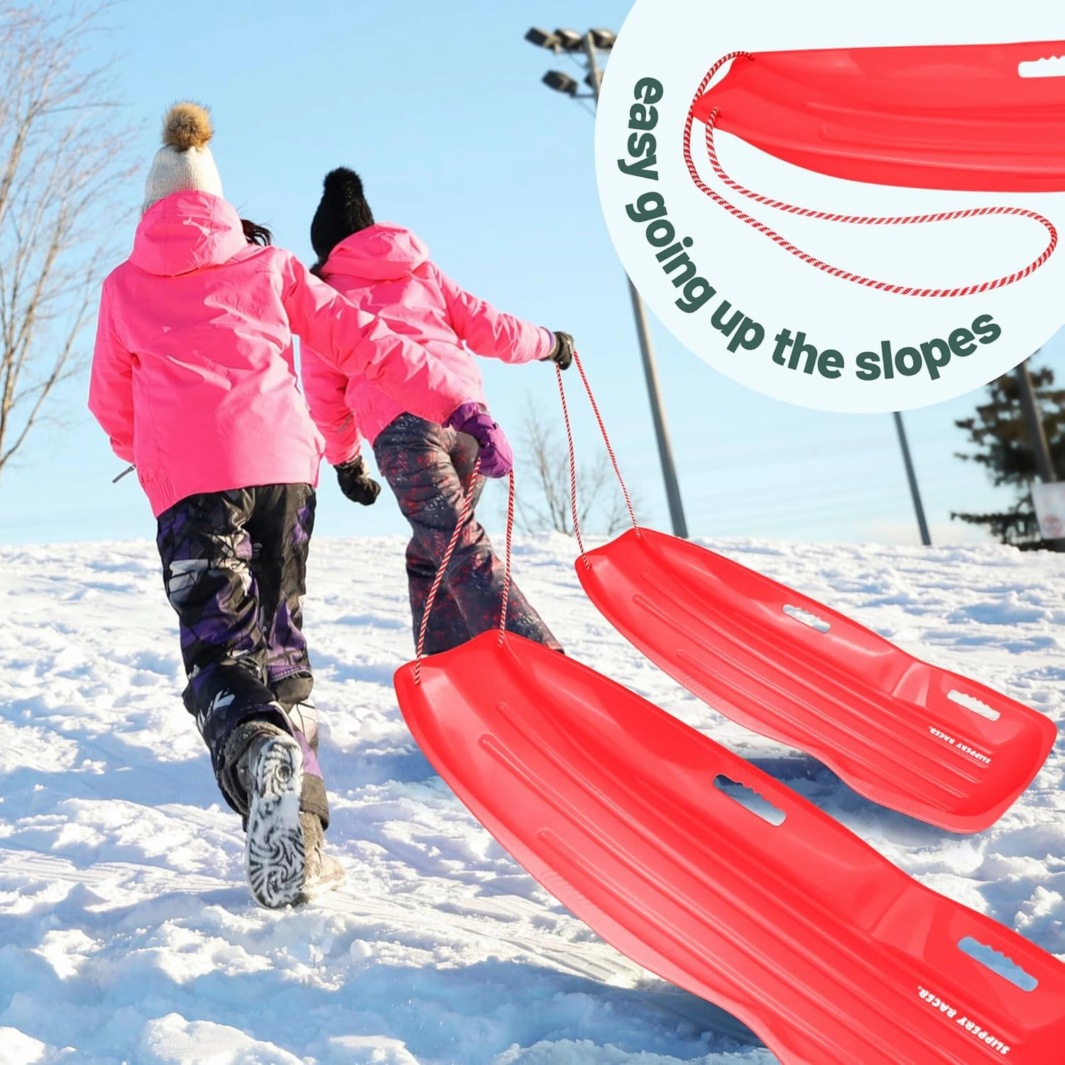 Slippery Racer Downhill Xtreme Flexible Adults and Kids Plastic Toboggan Snow Sled for up to 2 Riders with Pull Rope and Handles.