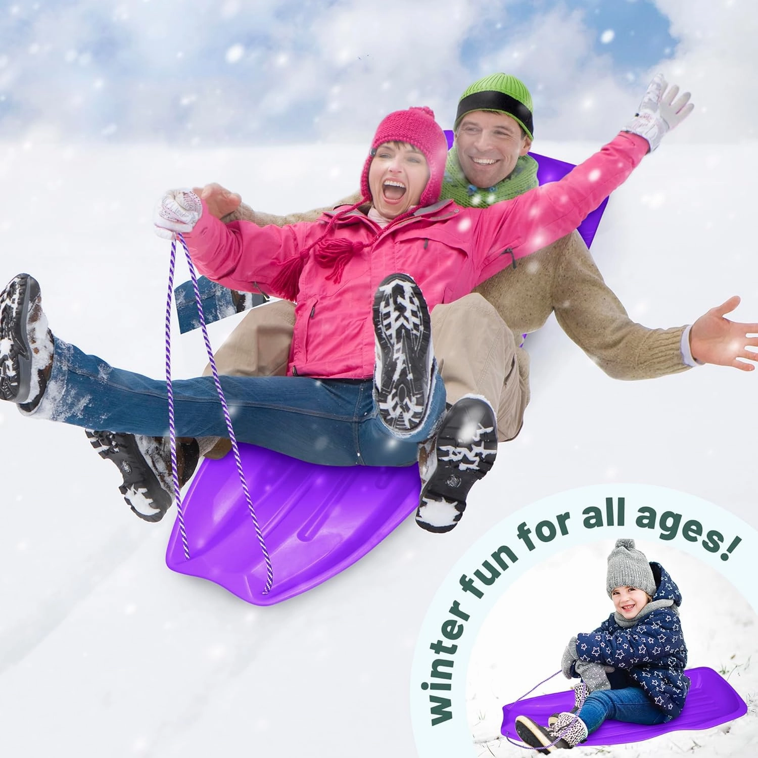 Slippery Racer Downhill Xtreme Flexible Adults and Kids Plastic Toboggan Snow Sled for up to 2 Riders with Pull Rope and Handles.
