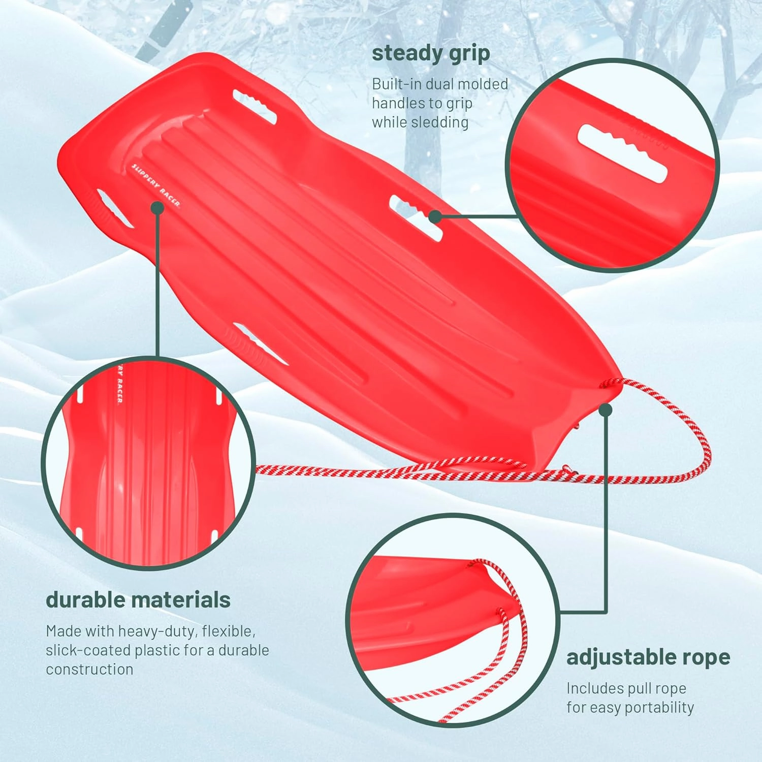 Slippery Racer Downhill Xtreme Flexible Adults and Kids Plastic Toboggan Snow Sled for up to 2 Riders with Pull Rope and Handles.